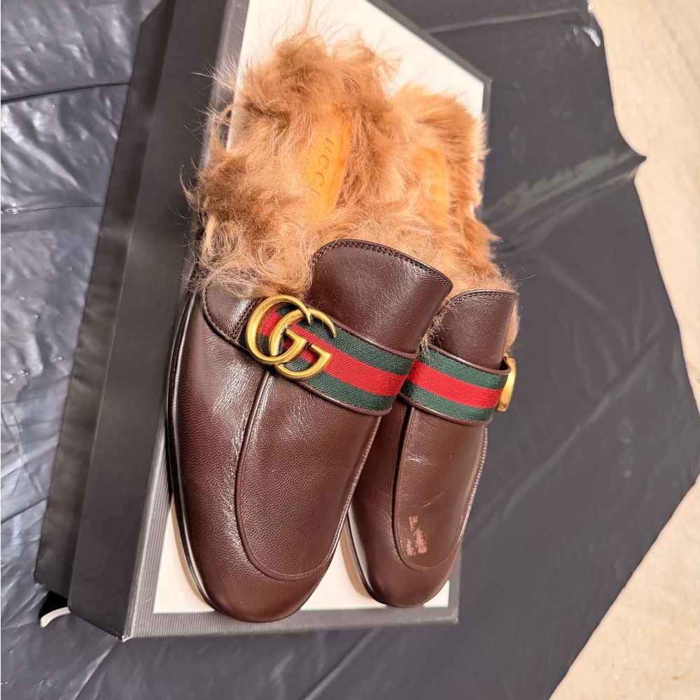 Gucci Brown Leather Fur-Lined Loafers